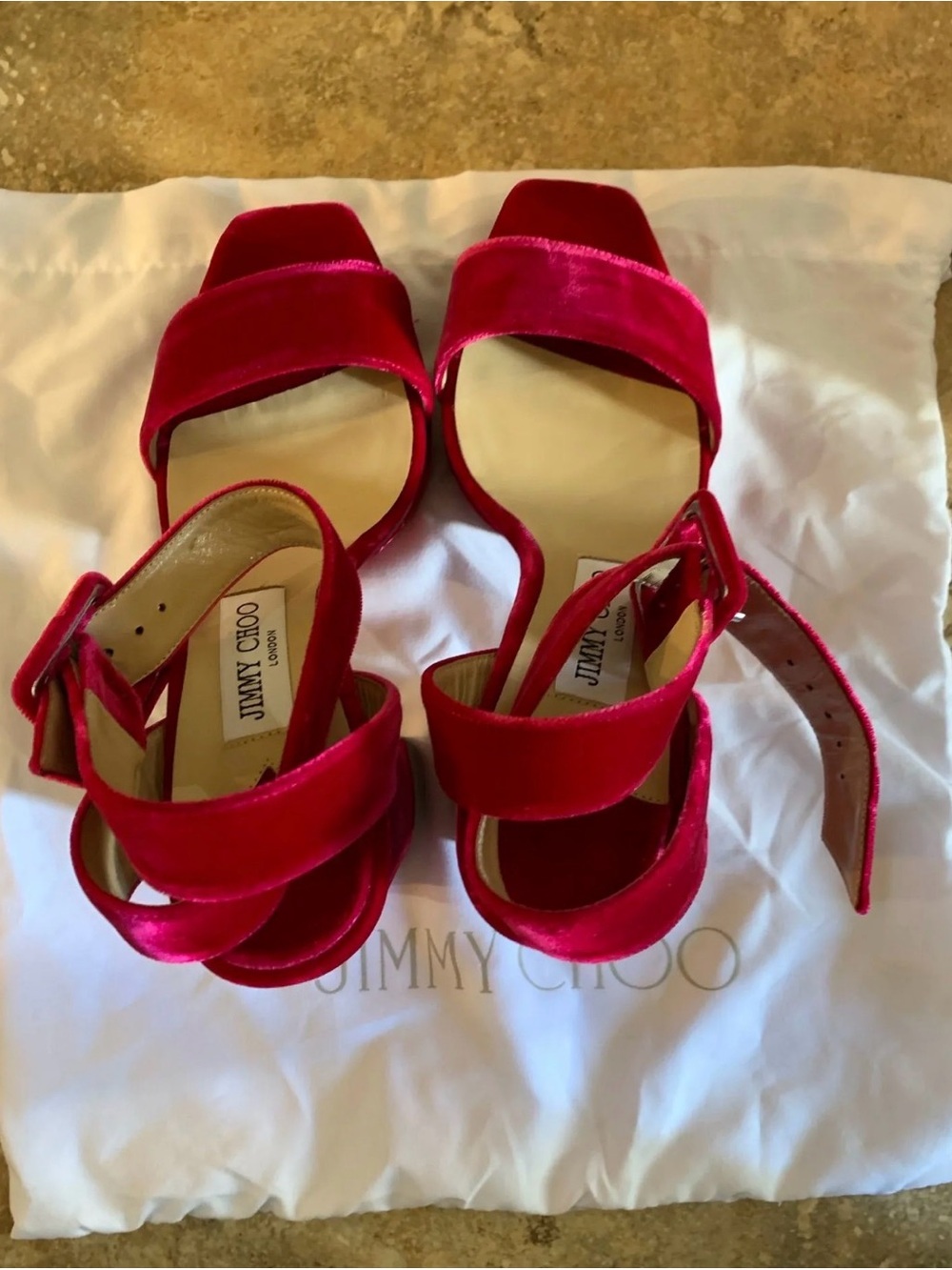 Jimmy Choo Magenta Velvet Strap Block Heels